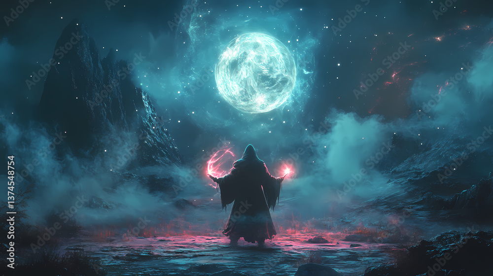 Enigmatic wizard casting powerful spells in a moonlit clearing, arcane power, mystical ritual. Moonlit Sigils. Illustration Enigmatic wizard casting powerful spells in a moonlit clearing, arcane power, mystical ritual. Moonlit Sigils. Illustration