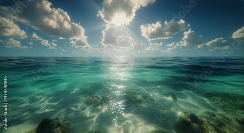 Ocean View With Clear Water and Bright Clouds Above at Midday