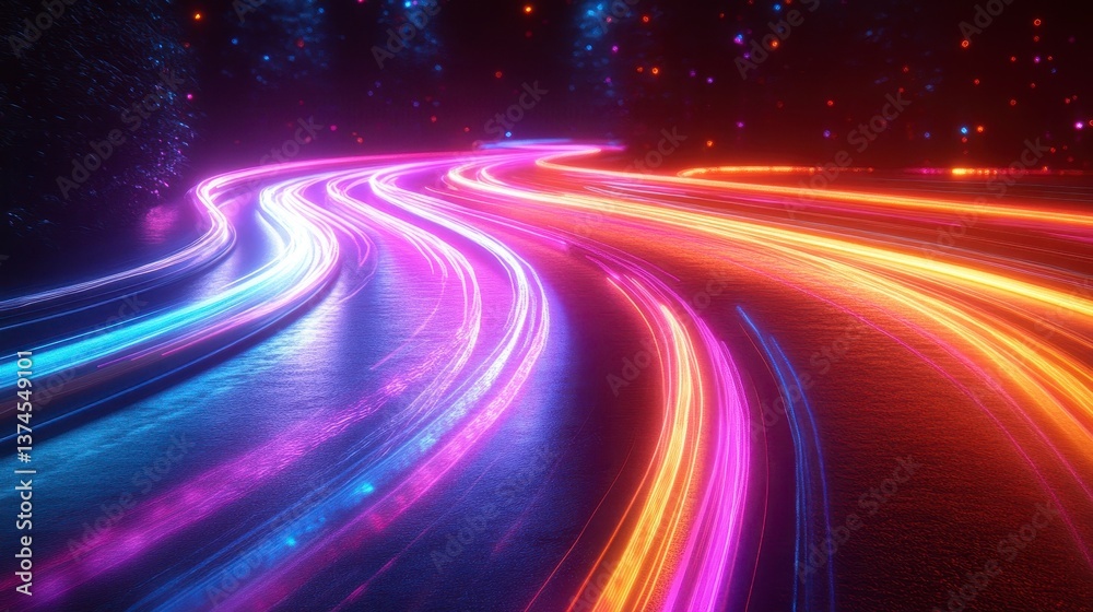 Light trails speeding down asphalt in violet and red under a dark, twinkling, bokeh filled sky Light trails speeding down asphalt in violet and red under a dark, twinkling, bokeh filled sky