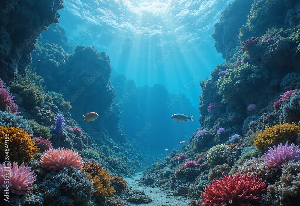 Fototapeta premium lush alien planet, vibrant underwater world, bioluminescent marine life, sprawling coral forests, colorful aquatic flora, ethereal sky filled with surreal clouds, diverse alien creatures swimming