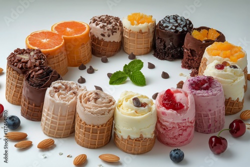 Colorful Assortment of Ice Cream Cones Arranged on a White Background With Fr...