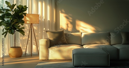 Cozy Living Room With Soft Lighting and Modern Furniture in the Evening