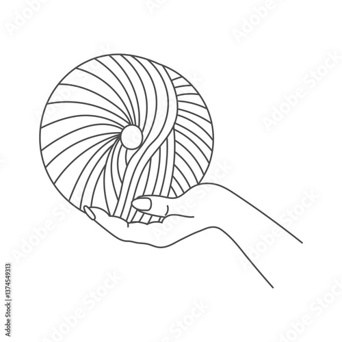 Knitting icon, female hands with hook and thread. Line art, sketch, clip art