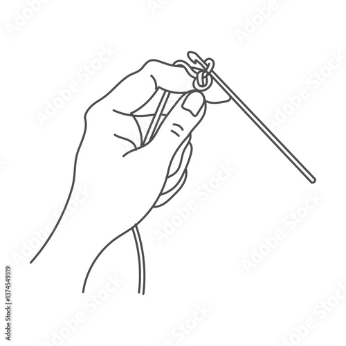 Knitting icon, female hands with hook and thread. Line art, sketch, clip art