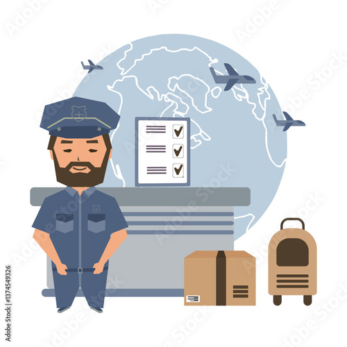 Customs control, customs officer, luggage, declaration against the background of the planet and airplanes. Illustration