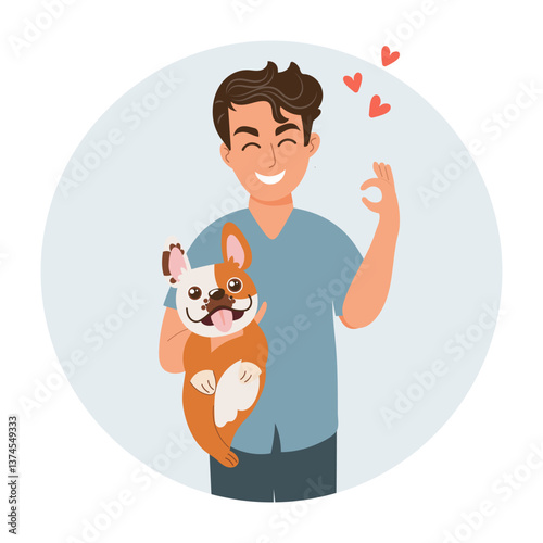 Happy guy with his dog. Pet care concept. Illustration
