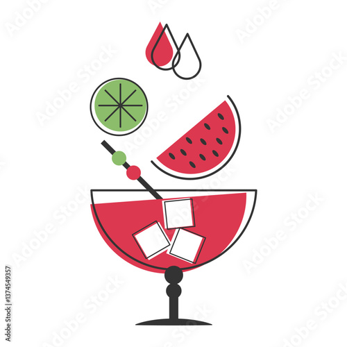 Colorful Margarita cocktail with watermelon juice, lime and ice cubes. Flat illustration