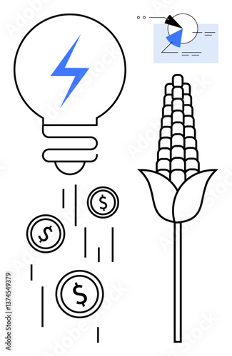 Light bulb with bolt emitting coins, maize plant symbolizing agriculture, and chart representing data. Ideal for innovation, sustainability, clean energy, economy, agribusiness, finance green