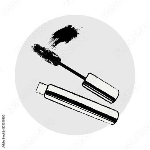 Open tube with mascara, painted with grunge and watercolor brushes, fashion pastel colors. Illustration