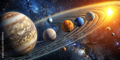Celestial bodies from the solar system are arranged with their distinctive rings and colors. The sun shines brightly in the background, creating a stunning cosmic view