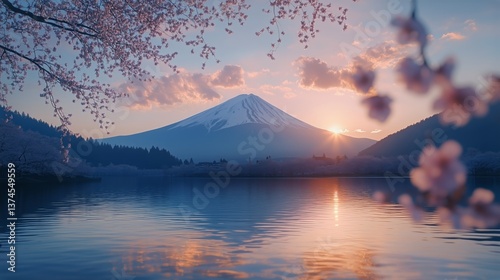 Cherry Blossoms Bloom at Sunset by a Serene Lake Near a Mountain Range