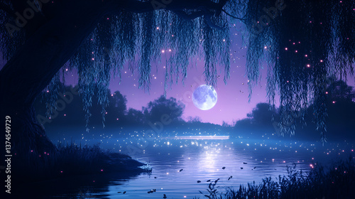Moonlit lake with willow trees and glowing fireflies