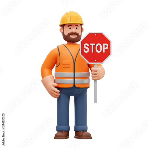 3d Costruction worker with stop sign, isolated on white background 