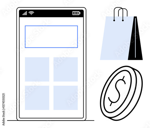 Smartphone interface with blank elements, shopping bag, and currency coin. Ideal for e-commerce, digital shopping, mobile payment, online business, fintech, retail flat simple metaphor