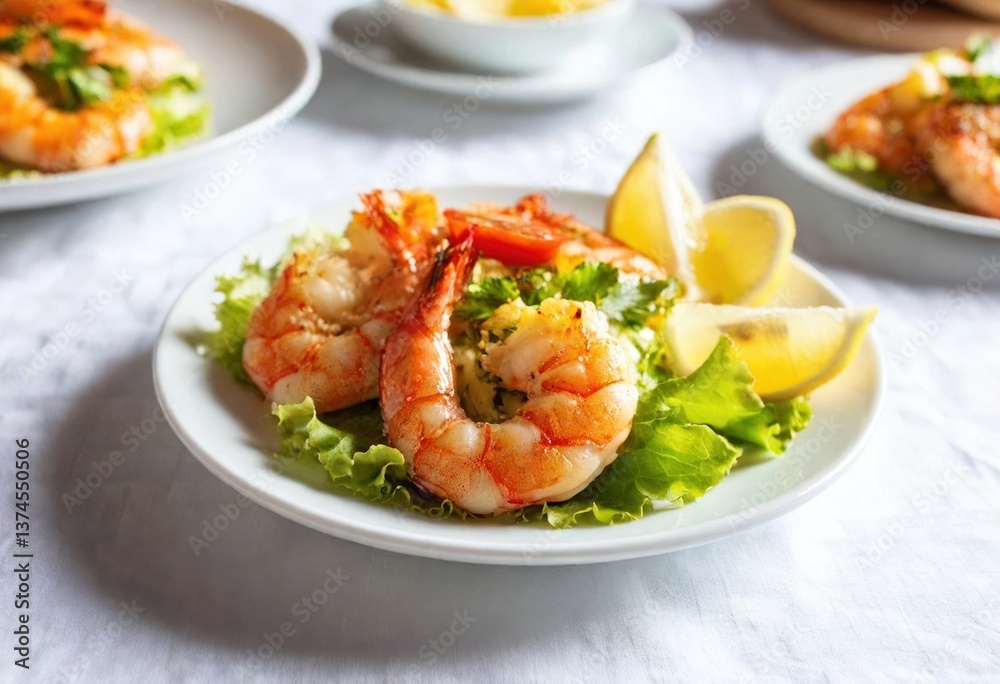 Mouthwatering shrimp served on a festive table with vibrant greens and zesty lemon slices. Mouthwatering shrimp served on a festive table with vibrant greens and zesty lemon slices.