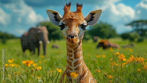 Curious Giraffe Calf Explores Sunny Savanna Landscape With Elephants in the B...