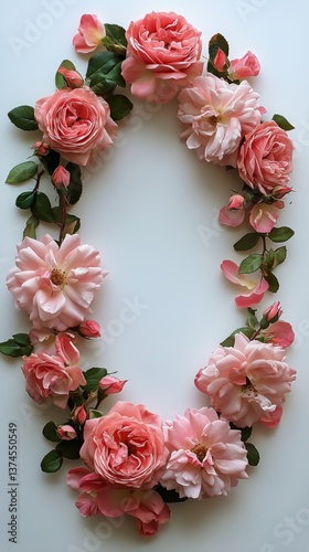 Pink Rose Floral Arrangement in an Oval Shape on a White Background