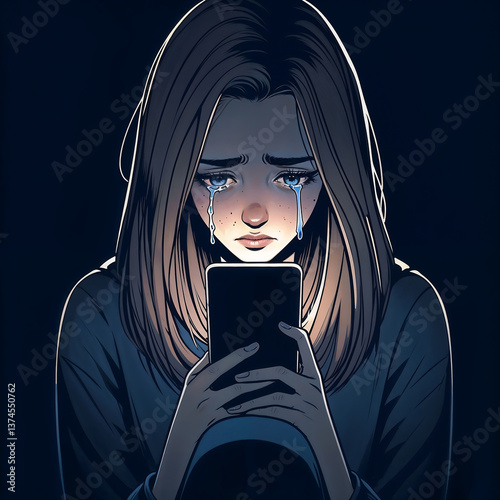 Teen girl crying while reading cruel messages on phone, feeling isolated, comic style illustration