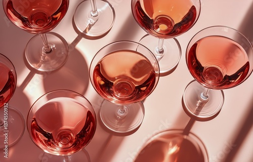 Elegant Martinis Lined up on a Table With Soft Sunlight Creating Warm Reflect...