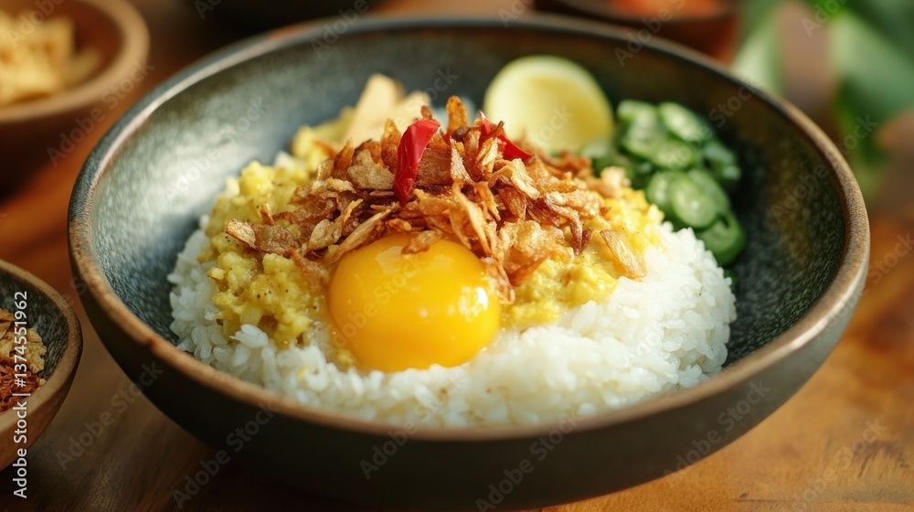 Flavorful rice bowl with curry, egg, and crispy onions Flavorful rice bowl with curry, egg, and crispy onions