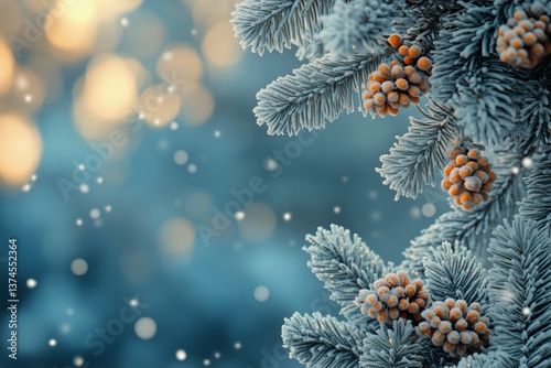 Festive Winter Foliage With Frosted Berries Against a Blue Background