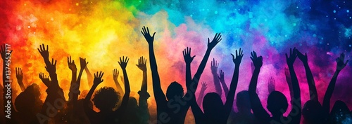 Silhouettes of diverse people raise their hands against a vibrant, colorful background, celebrating unity and joy.