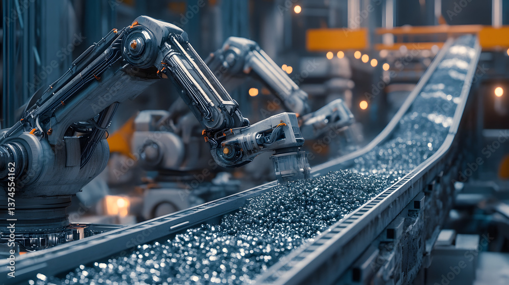 Robots with high-tech AI sorting ores quickly and efficiently on a conveyor belt in an automated mining facility.