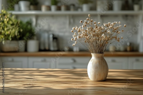 Elegant Dried Flowers in a Minimalist Vase on a Wooden Table by a Sunlit Kitc...