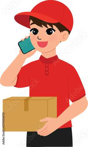 delivery man with red uniform is using a smartphone to call a customer illustration