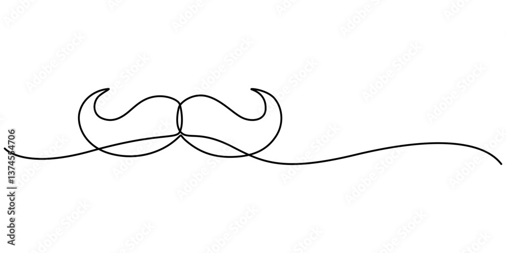 Continuous line drawing forming a mustache shape, One Line Drawing Mustache, Continuous Line Dad Whiskers, Single Outline Moustache, Vintage Man Hairstyle, Mustache Vector Illustration, pro concept. 