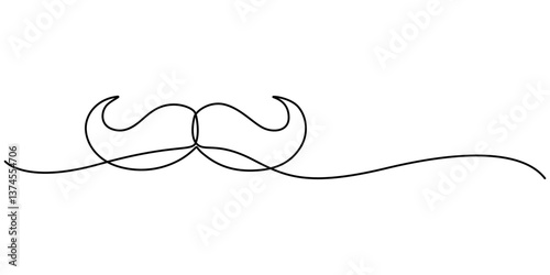 Continuous line drawing forming a mustache shape, One Line Drawing Mustache, Continuous Line Dad Whiskers, Single Outline Moustache, Vintage Man Hairstyle, Mustache Vector Illustration, pro concept. 