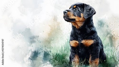 Rottweiler puppy portrait, watercolor style, nature background
