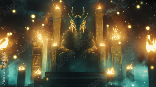 Regal dragon guarding an ancient throne surrounded by glowing runes and mystical lights. Draconic Runes. Illustration