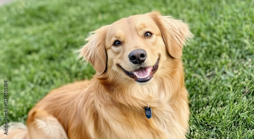Happy Golden Retriever Sitting on Lush Green Grass in a Sunny Park