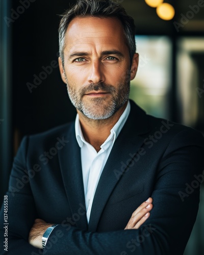Professional Man in Suit Posing Confidently in Modern Office Setting