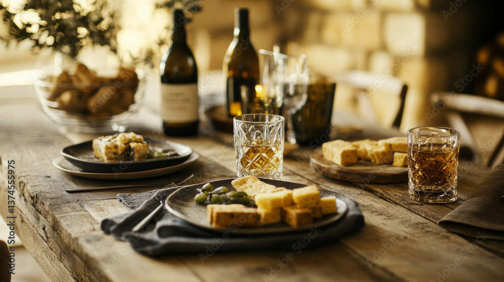 A casual table setting arranged with snack plates and whiskey glasses