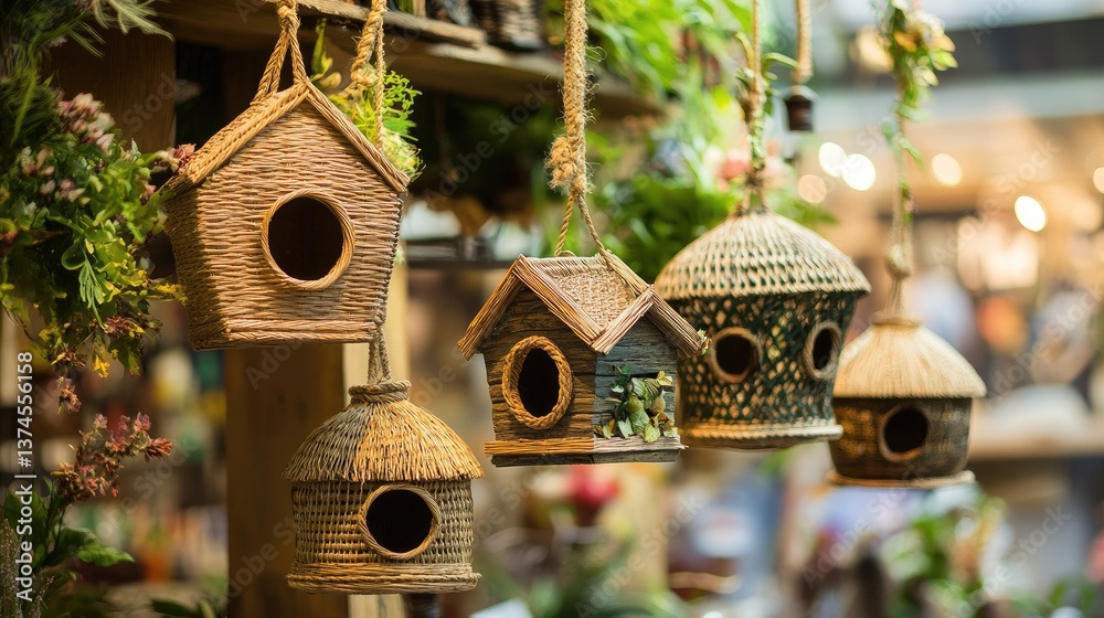 Naklejka premium A beautiful nature-inspired garden display with woven birdhouses hanging at different heights.