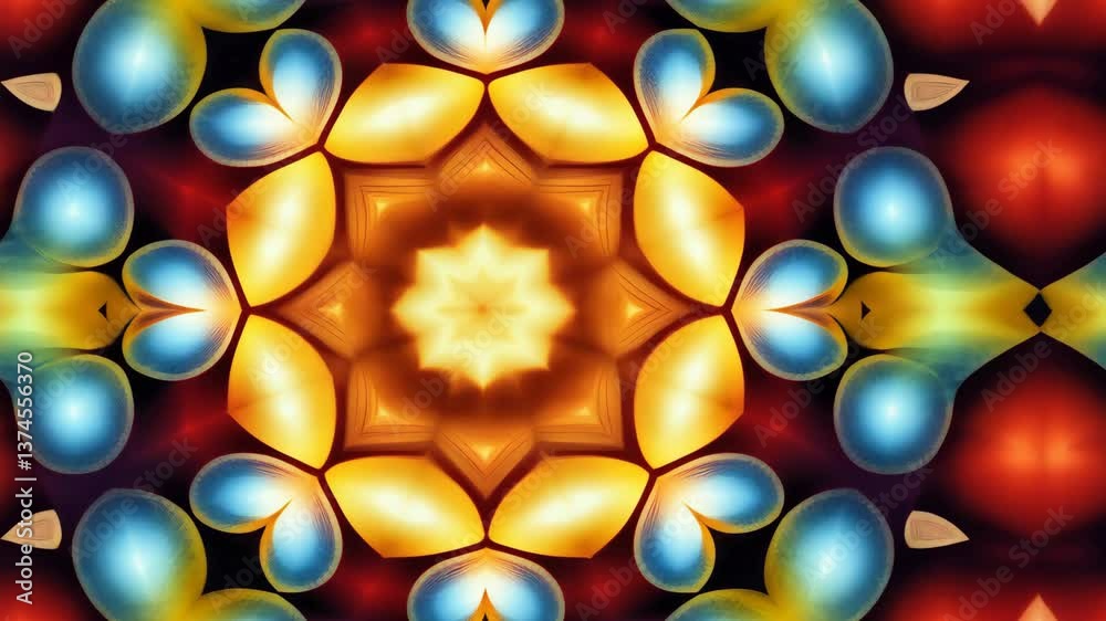 A colorful design with a red center and blue and orange surrounding it. The design is made up of many small shapes A colorful design with a red center and blue and orange surrounding it. The design is made up of many small shapes
