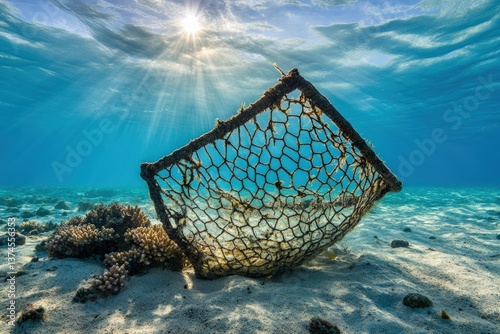 Broken fishing net entangled in the ocean floor with sun rays above Generative AI