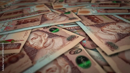 Guatemala quetzal 100 GTQ banknote surface. Flying over Guatemalan money note. 3D abstract concept of business, inflation, economy, finance, crisis and banking.