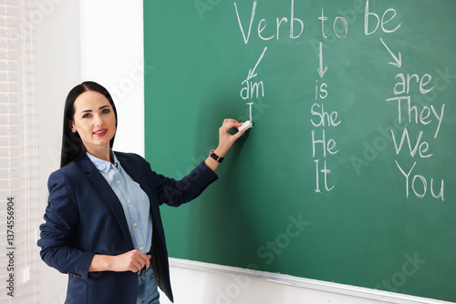 English teacher during lesson near chalkboard in classroom