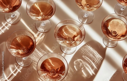 Elegant Martinis Lined up on a Table With Soft Sunlight Creating Warm Reflect...