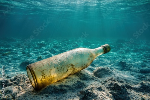 Cracked glass bottle resting on the ocean floor at shallow depth Generative AI