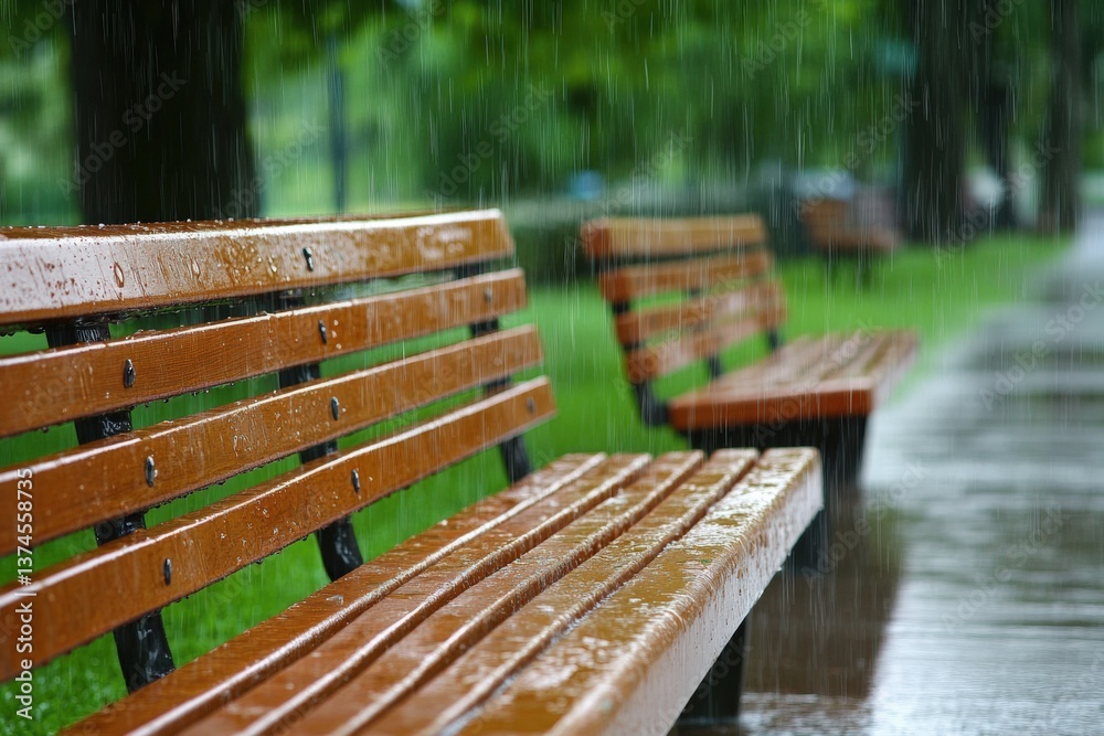 Fototapeta premium Freshly washed benches in the rain by a park pathway Generative AI