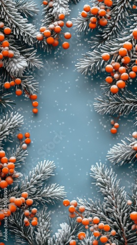 Winter Backdrop With Frosted Branches and Bright Red Berries Under Falling Snow