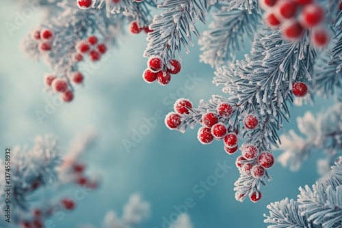 Festive Winter Foliage With Frosted Berries Against a Blue Background