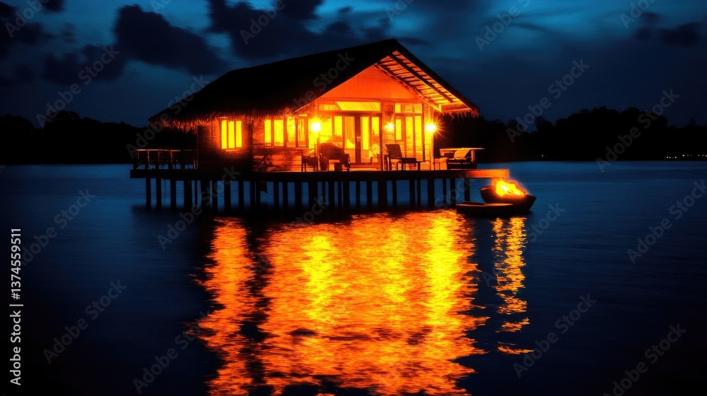 Fototapeta premium Water hut glows warmly, reflecting bright light onto the dark water under a deep blue sky at twilight