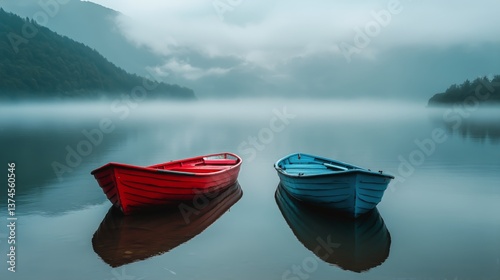 Colorful Boats Resting Calmly on the Misty Lake in the Early Morning Light