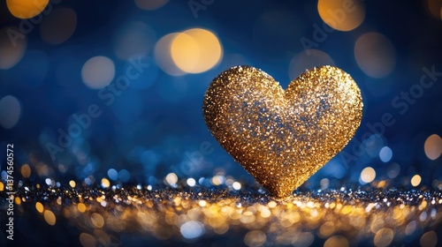 A heart made of twinkling golden glitter on a dark midnight blue background.