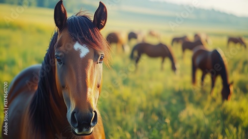 Horses Grazing in a Lush Green Field During a Bright Afternoon